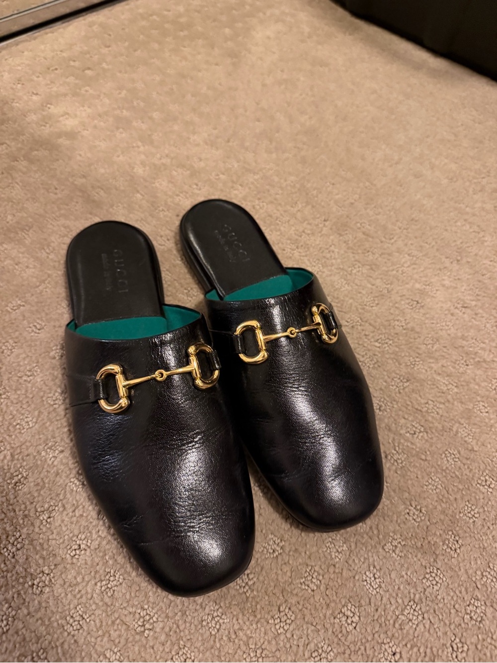 Gucci Black Leather Horsebit Backless Loafers with Teal Lining